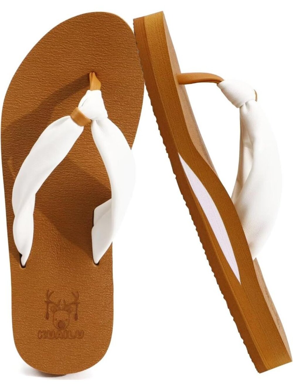 Women's Khaki White Faux Leather Flip Flops With Arch Support Outdoor Slippers